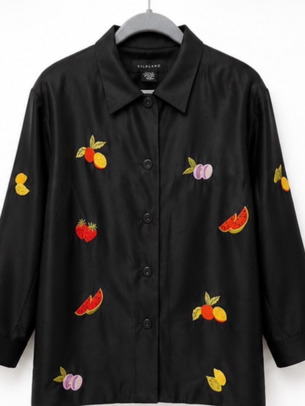 Silkland 100% Silk Embroidered Fruit Jacket Black Vintage Size 12